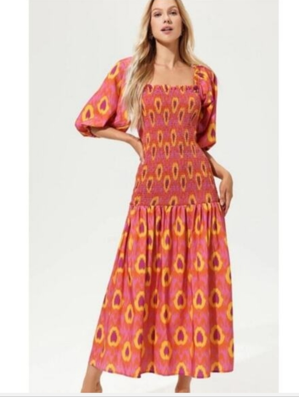 Zara Off Shoulder Smocked Midi Dress in Pink & Yellow Ikat Sz XS